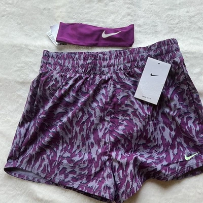Nike Girls Dri-FIT Purple/Gray/Black, High Rise Shorts Kids Large with headband - Image 1 of 4