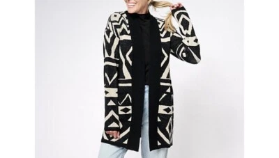 Cárdigan Suéter Jacquard Denim & Co. Canyon Retreat A622882 Negro Geo Grande Foto 1 de 4