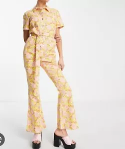 ASOS Design Floral Flared Jumpsuit Boiler Suit 70s Belted Size 12 Festival - Picture 1 of 4