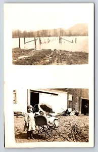 Postkarte Unbekannt RPPC 2 Ansichten Baby im Korbwagen Kind Flooding Creek - Bild 1 von 2