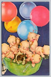 Vintage süße Kewpies mit Welpen Luftballons Korb Rose O'Neill Postkarte - Bild 1 von 2