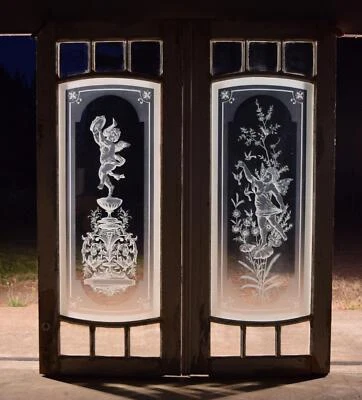 Pair of Antique French Etched Glass Windows Frosted Glass with Cherubs - Image 1 of 4