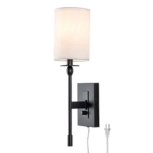 1-Light Black Hardwired and Plug-in Wall Sconce with Fabric Shade&ON-OFF Switch - Picture 1 of 12