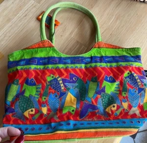 Laurel Burch Tote Purse Colorful Fish Sun N Sand Canvas Travel Beach Bag EUC - Picture 1 of 9