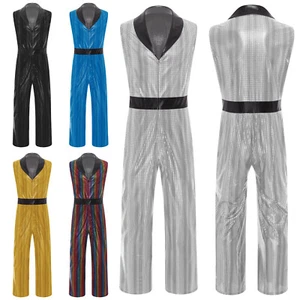 Men Retro 70s Disco Jumpsuit V Neck Wide Leg Bodysuit Hippie Jazz Party Costume - Picture 1 of 30