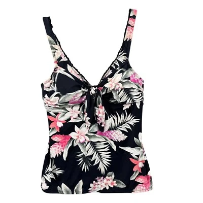 Tommy Bahama Faux Tie Front Tankini Womens Black Multi Floral Swimsuit Size M - Image 1 of 4