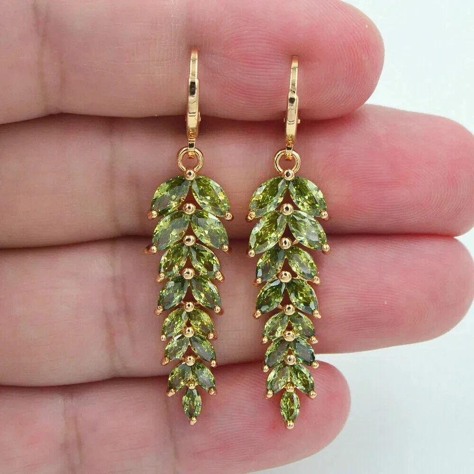 Brincos pendurados/gota peridoto verde real corte marquesa 3 quilates folheados a ouro amarelo 14K - Imagem 1 de 4