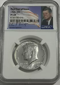 1964 NGC PF69 ARGENTO PROOF KENNEDY MEZZO DOLLARO MONETA BIANCA BRILLANTE 50C 90% FYOI - Foto 1 di 3