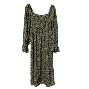 Very J Dress Floral Olive Green Square Neck Maxi Lined Boho Peasant Feminine NWT - Picture 1 of 12