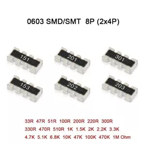 Resistencia de matriz de red 0603 SMD/SMT 8 pines (2x4P) ±5% valores de rango 33R-1M ohmios - Imagen 1 de 5