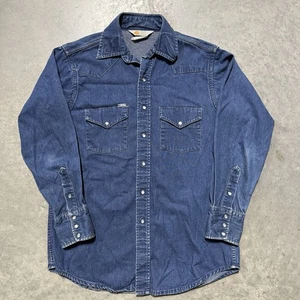 Vintage 90s Carhartt Denim Pearl Snap Shirt Rugged Outdoor Wear Blue Size Large - Picture 1 of 8