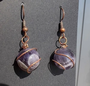 Artisan Made Copper Wrapped Amethyst Dangle Drop Earrings Handmade Boho - Picture 1 of 2