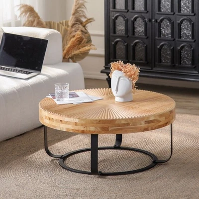 Modern round coffee table with wood-carved pattern metal legs, black - Image 1 of 4