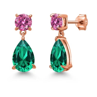 18K Rose Gold Plated Silver Nano Emerald and Pink Moissanite Teardrop Dangle - Image 1 of 4