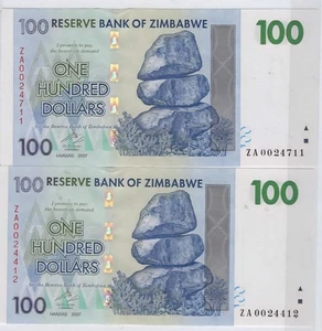 Zimbabwe  $100 Lot of 2 consecutive Replacement-MWR RH3 -2007-UNC +Gift! ZW REP1 - Picture 1 of 3