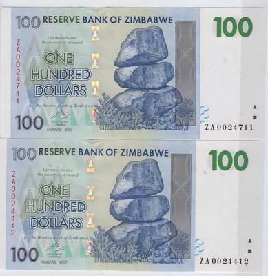 Zimbabwe  $100 Lot of 2 consecutive Replacement-MWR RH3 -2007-UNC +Gift! ZW REP1 - Image 1 of 3