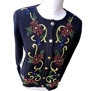 Hermoso Suéter Cárdigan Petite SM Joan Leslie Tejido Lazo Vacaciones Cuentas - Imagen 1 de 9