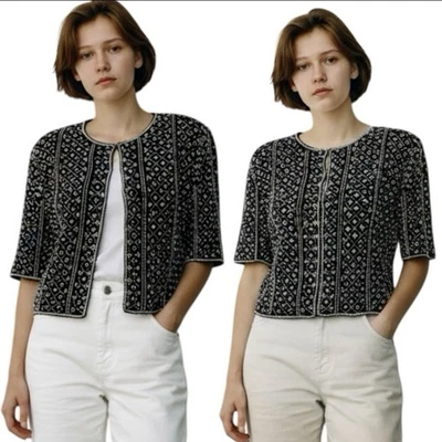 Chaqueta Blazer Corta De Colección Años 80 Laurence Kazar 100% Seda Negro Dorado Floral Cuentas XLP Foto 1 de 4