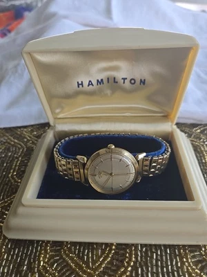 Reloj Hamilton Rodney 18J vintage de los años 50 esfera cruzada oro 10K lleno-con caja Foto 1 de 4
