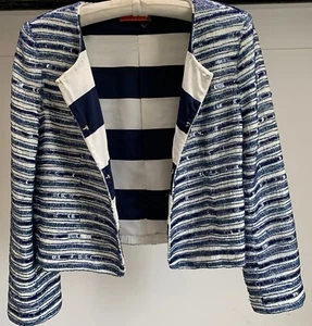 Alice + Olivia Blue Stripe Embellished Beaded Sequin Jacket Blazer Lined Medium - Picture 1 of 22