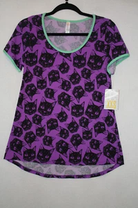 Neu mit Etikett LuLaRoe Gr. XXS Halloween klassisches T-Shirt lila schwarze Katze Allover-Druck - Bild 1 von 4