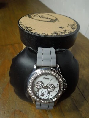 NEW DISNEY MICKEY MOUSE GRAY TONE RHINESTONE FASHION WATCH W GRAY BAND - Image 1 of 4