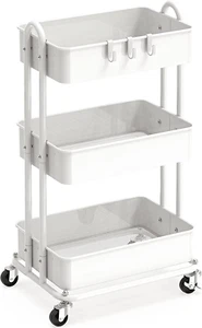 Carro rodante utilitario de metal de alta resistencia de 3 niveles simple para artículos para el hogar, blanco - Imagen 1 de 12