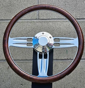 14" Inch Billet Hydro Dipped Wood Steering Wheel Aluminum Rivets Horn 6 Hole - Picture 1 of 5