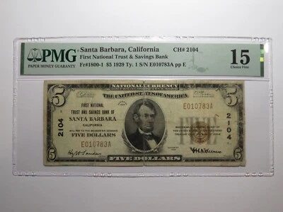 $5 1929 Santa Barbara California National Currency Bank Note Bill #2104 F15 PMG - Image 1 of 4