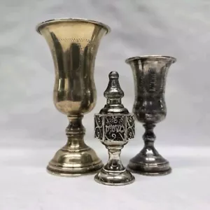 Torre delle Spezie Sterling Ebraico + 2 Tazze Kiddush Judaica Israele Argento 141 G. - Foto 1 di 24
