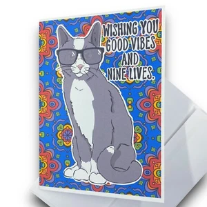 Biglietto di auguri in bianco gatto smoking auguri buone vibrazioni e nove vite 5x7" fatto a mano - Foto 1 di 3
