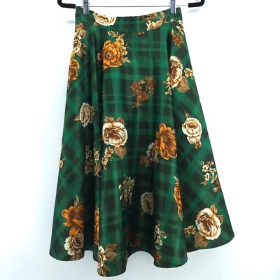 Modcloth Whimsy Retro-Chic Flowy A-Line Regal Floral Over Green Buffalo Check S - Image 1 of 4