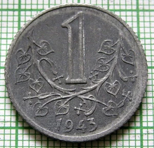 BOHEMIA & MORAVIA WWII GERMAN PROTECTORATE 1943 KORUNA ZINC km# 4 - Picture 1 of 6