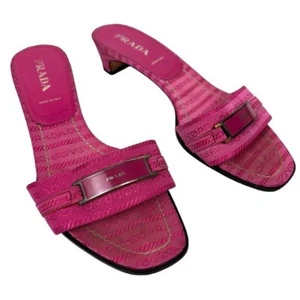 Prada Y2K 2000s Pink Logo Plaque Kitten Heel Sandals - Picture 1 of 6