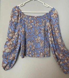 NWT Jessica Simpson Floral Print Puff Sleeve Top - Gorgeous Blue - Picture 1 of 12
