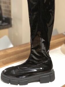 Zara Flat Faux Patent Stretch Knee High Boots Sz 38 US 7.5 NWOB.  RARE