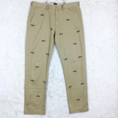 J. Crew 男式裤子 Sutton Chino 鱼鳟鱼刺绣卡其色米色直 34x32 — 第 1/4 张图片
