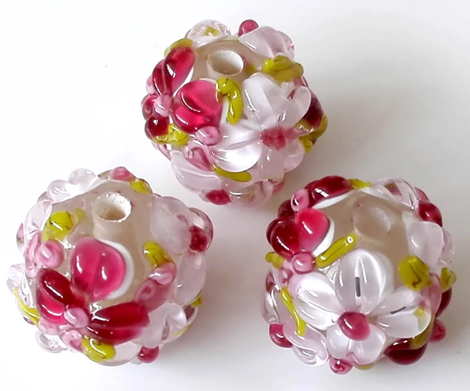 10 piezas cuentas redondas de vidrio de murano hechas a mano rosa rojo flor 15 mm Foto 1 de 4