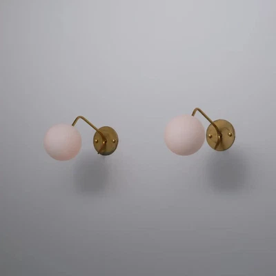 Pair of 1950s Italian Brass Sconces with Opaline Glass Globes-Wall Lamp Light HD - Image 1 of 4