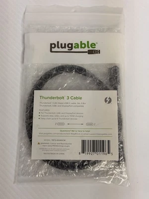 Plugable Thunderbolt 3 Cable 40Gbps Supports 100W Charging, 2.6ft (0.8m), 5A - Image 1 of 2