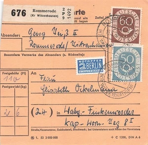 698426) Bund Posthorn Paketkarte Rommerode Kr. Witzenhausen nach Hamburg  - Bild 1 von 1