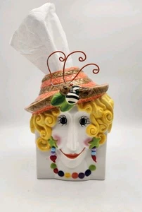 Vintage Lady Straw Hat with Bumble Bee,Earrings,White Ceramic Tissue Box Square - Picture 1 of 11