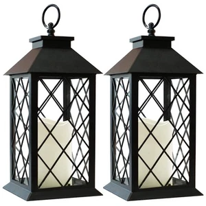2-Pack 13.5" Vintage Candle Lantern with LED Pillar Candle (Black, 6hr Timer)... - Picture 1 of 7
