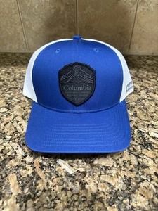 Cappello camionista Columbia maglia snapback con toppa montagna blu/bianco O/S (nuovo con etichette) - Foto 1 di 10