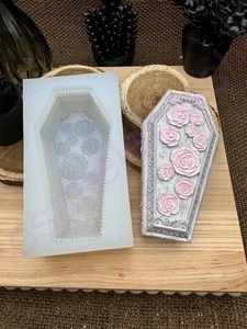 RIP 3D coffin with pink flowers Halloween handmade silicone mold for crafts - Picture 1 of 8