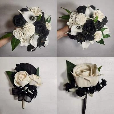 Black White Rose Calla Lily Sola Wood Bridal Wedding Bouquet Accessories Foto 1 de 4