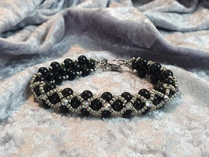 Pulsera piedras preciosas Kelly Onyx negro-plata con cristales de Swarovski, hecha a mano - Imagen 1 de 5