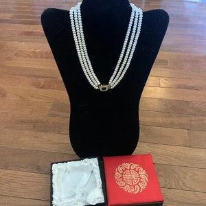 Vintage 3 Strand Seed Pearl Necklace with Octagon Faux Green Stone Cz 17” - Picture 1 of 9