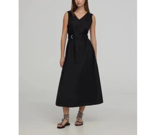 THEORY V-Neck Volume Good Linen Black Midi Sleeveless Dress Womens 4 Belted - Picture 1 of 12