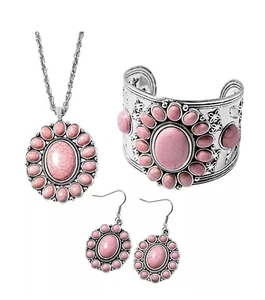 Party Set Rosa Howlith Blume Ohrringe Armband Anhänger Halskette für Damen - Bild 1 von 9